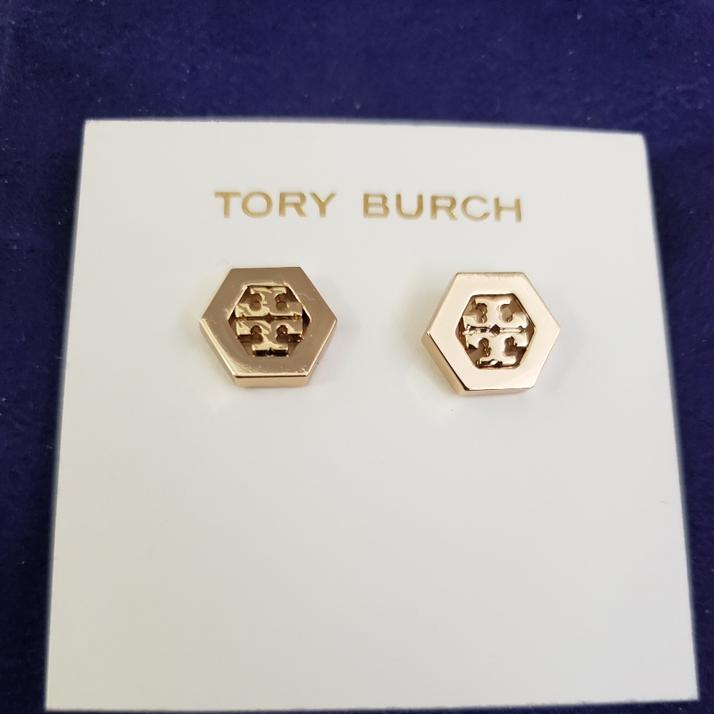 Tory Burch Hex Logo stud Earrings, NWT, Gold